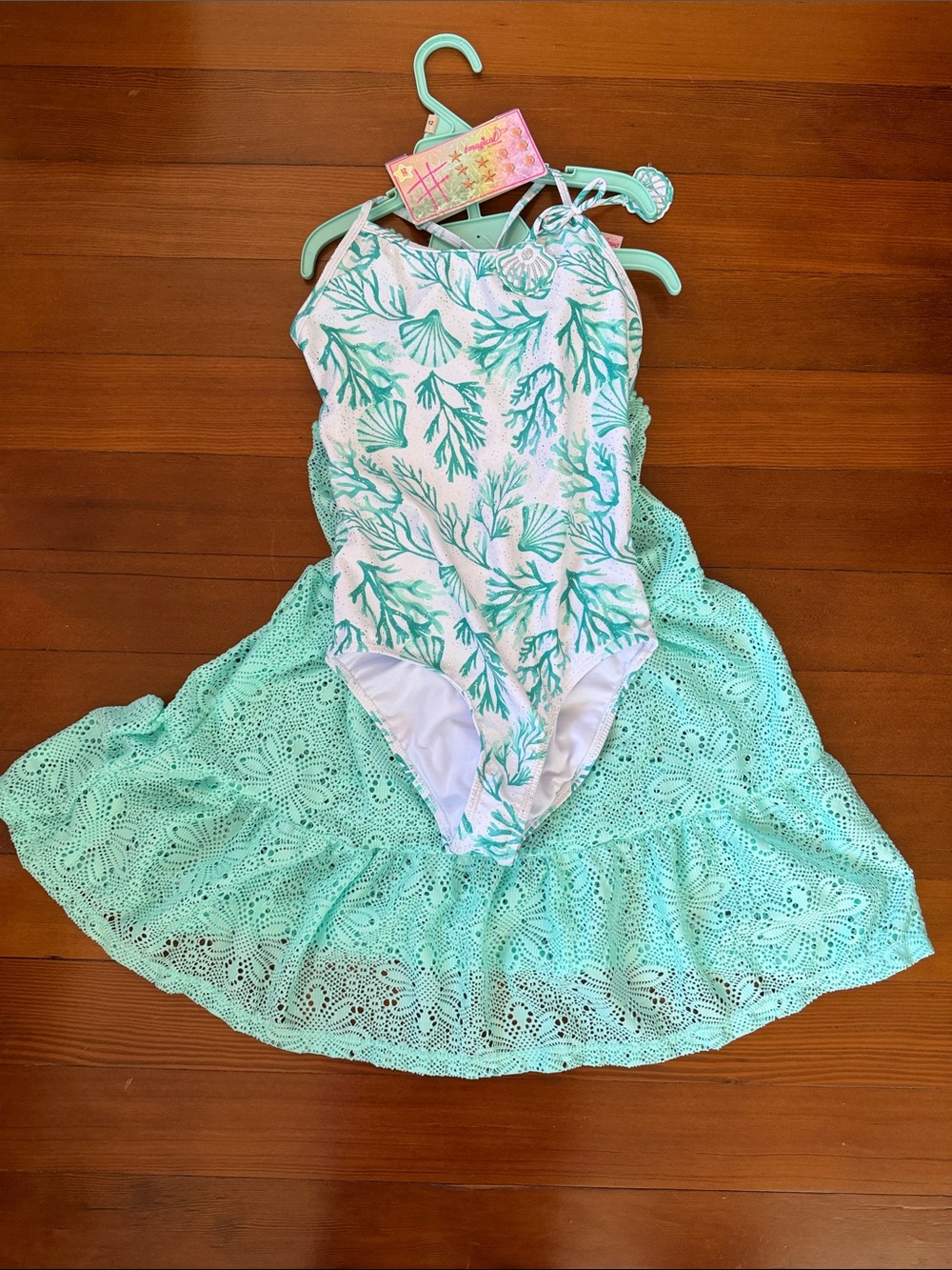 btween Aqua and White Shell-Print One-Piece with Aqua Lace Cover-Up